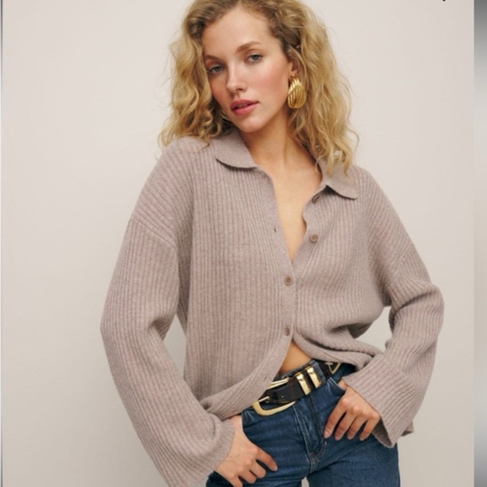 Reformation Ribbed Cardigan in Taupe